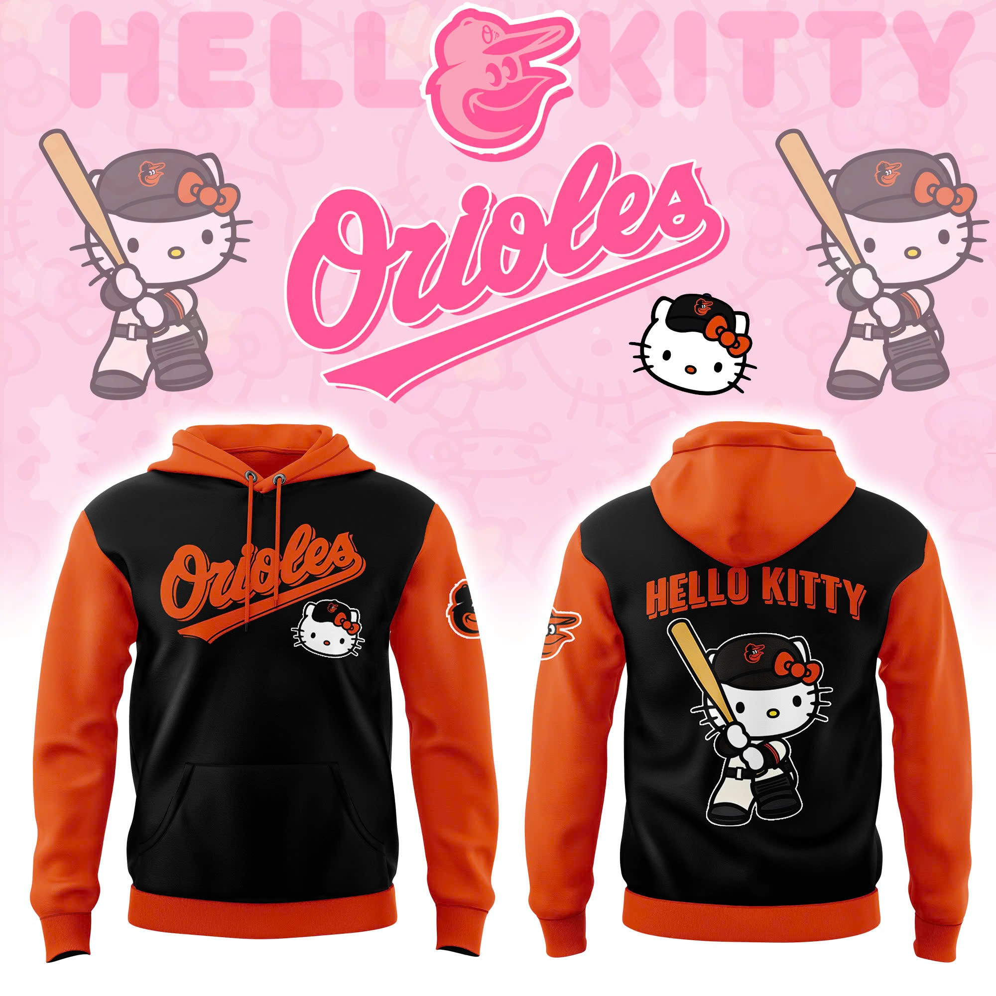 Baltimore Orioles x Hello Kitty Black Hoodie Best Gifts For Baseball Lovers