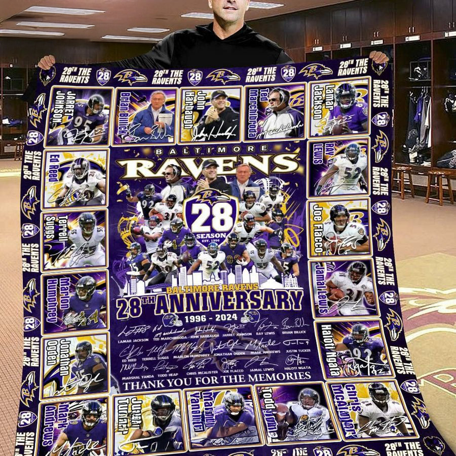 Baltimore Ravens 28th Anniversary 1996-2024 Blanket Football Fan Gift Ideas