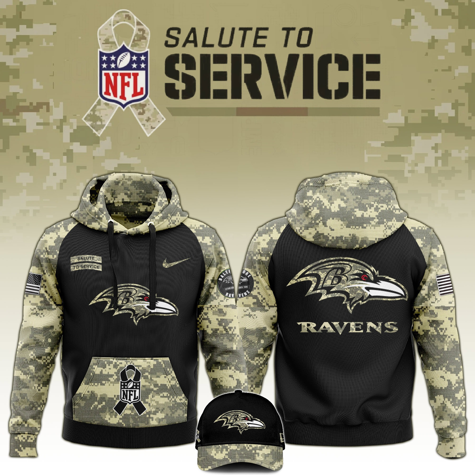 Baltimore Ravens Salute to Service Club Limited Camo Hoodie And Hat Ravens Shirt For NFL Fans
