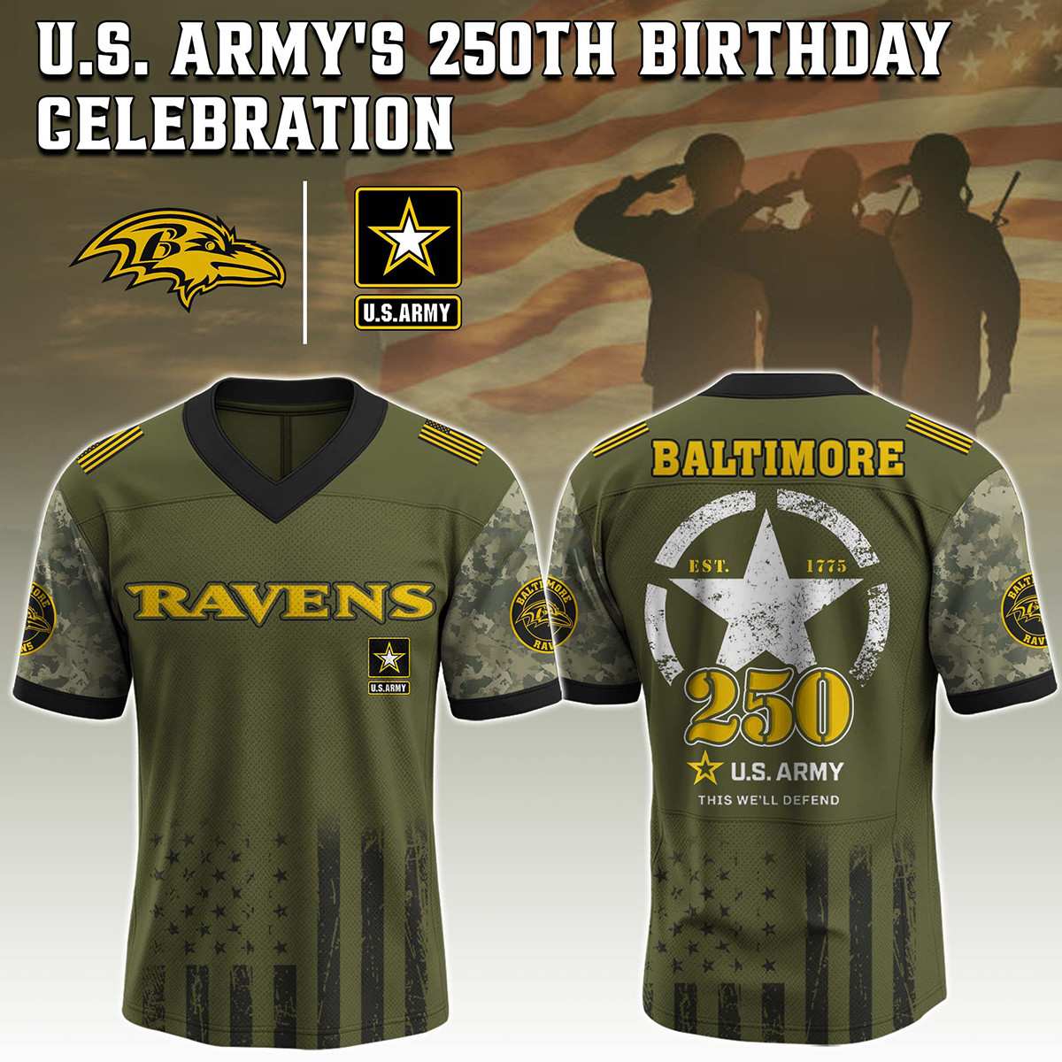 Baltimore Ravens US Army 250th Football Jersey V-Neck Gift For Ravens Kingdom