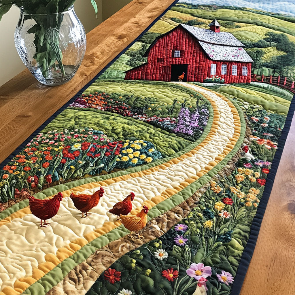 Barn and Chickens Quilted Table Runner Farmhouse Holiday Table Runner Gifts For Mom