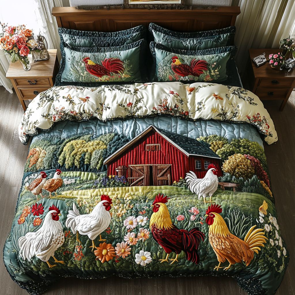 Barn Beauty Quilted Bedding Set Cool Bedroom Decor Gifts With Chickens On Them