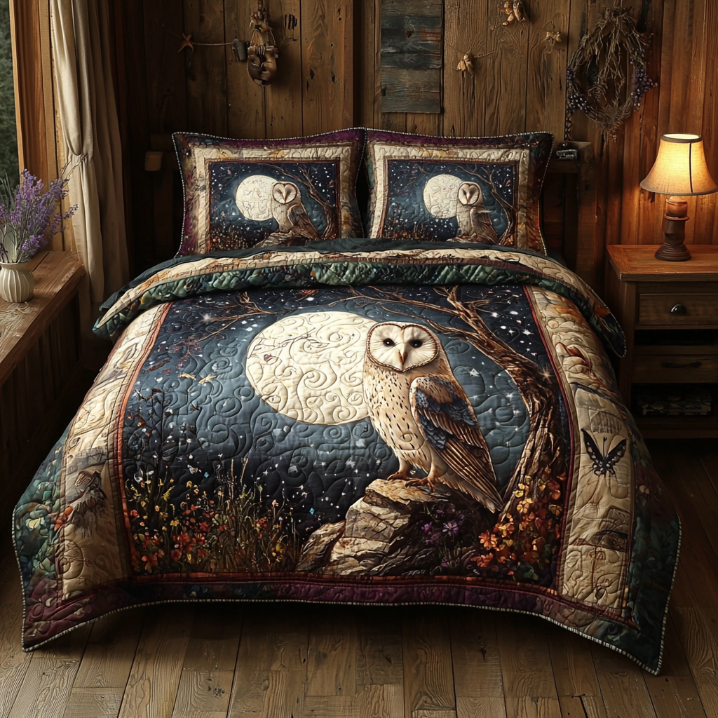 Barn Owl Mystery Quilted Bedding Set Cozy Bedroom Decor Unique Owl Gifts