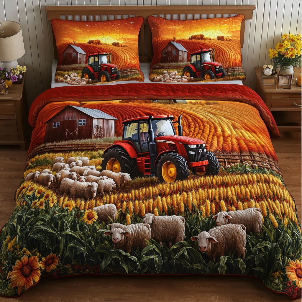 Barnyard Charm Quilted Bedding Set Aesthetic Room Decor Tractor Themed Gifts For Adults