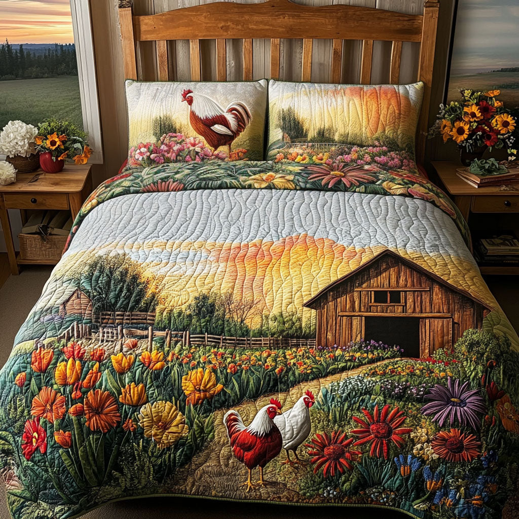 Barnyard Haven Quilted Bedding Set Cute Room Decor Chicken Themed Gifts