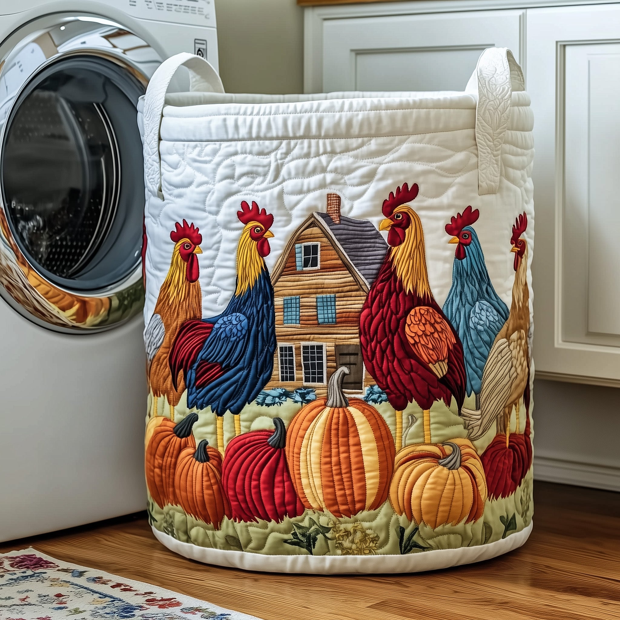 Barnyard Rooster Quilted Laundry Basket Clothes Hamper Storage Gifts For Rooster Lovers
