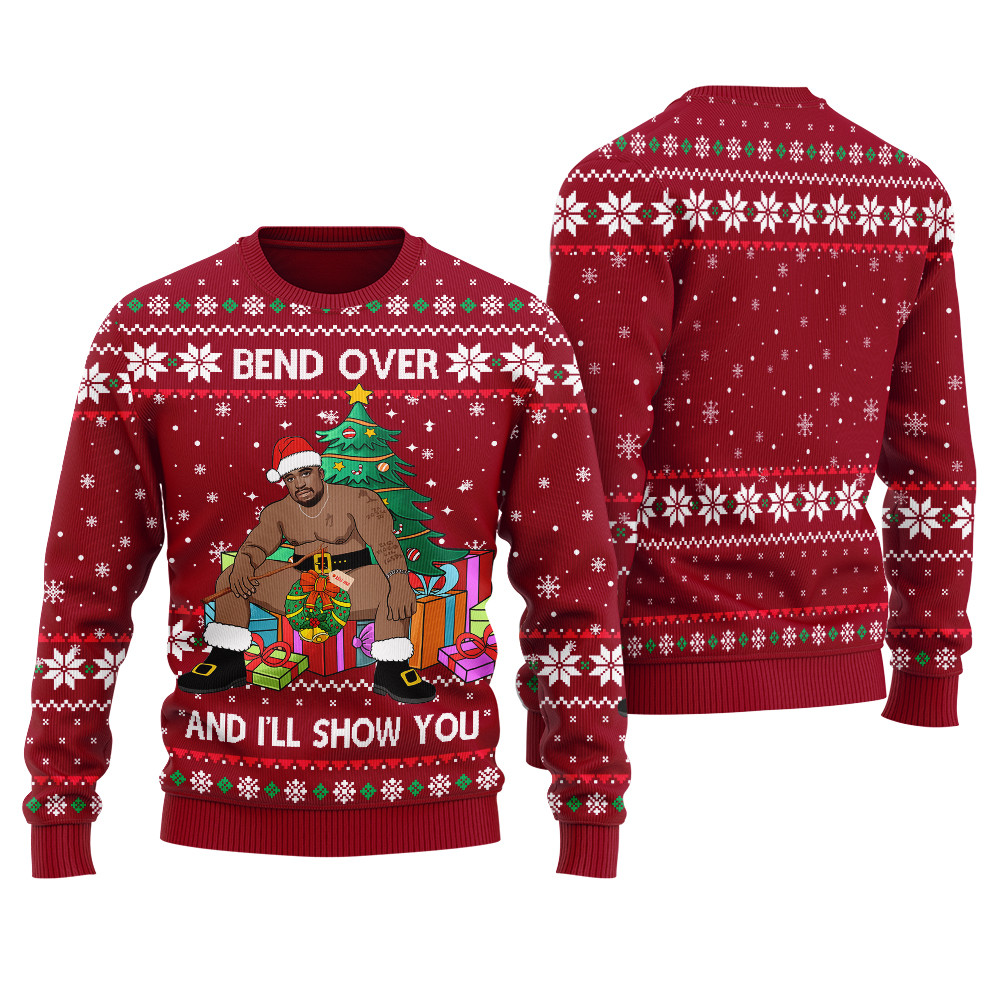 Barry Wood Bend Over And I Will Show You Ugly Christmas Sweater Men Cardinal Red Perfect Winter Merch Gift for the Holiday Spirit