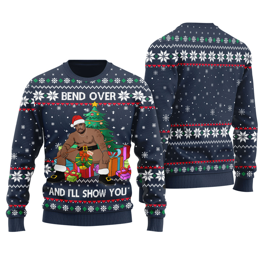 Barry Wood Bend Over And L Will Show You Ugly Christmas Sweater Navy Funny Xmas Sweater for Ugly Sweater Parties