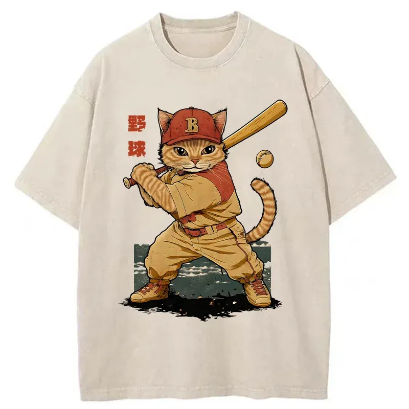 Baseball Cat Player Washed T-Shirt Retro Humor Outfit Idea Gifts For Best Friend
