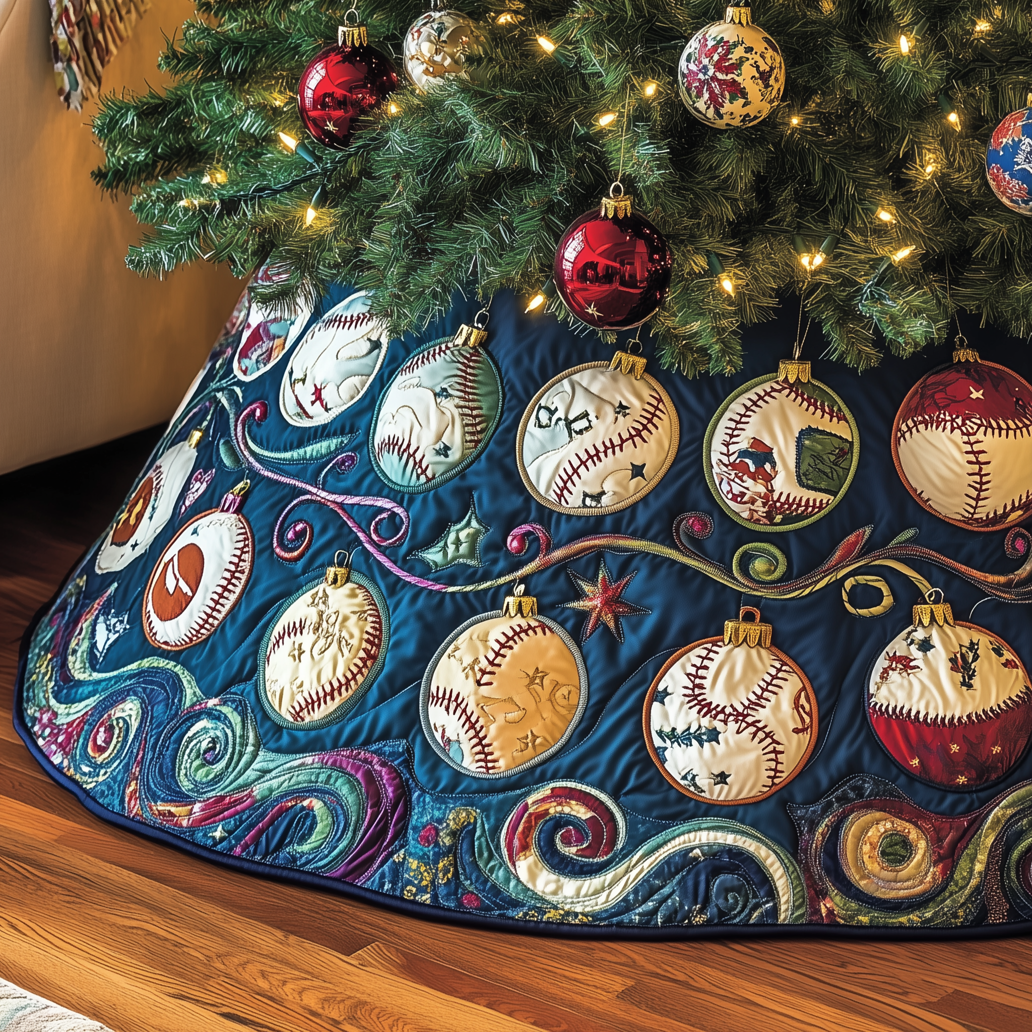 Baseball Christmas Tree Skirt Quilted Sports Theme Holiday Decor Gift for Baseball Fans
