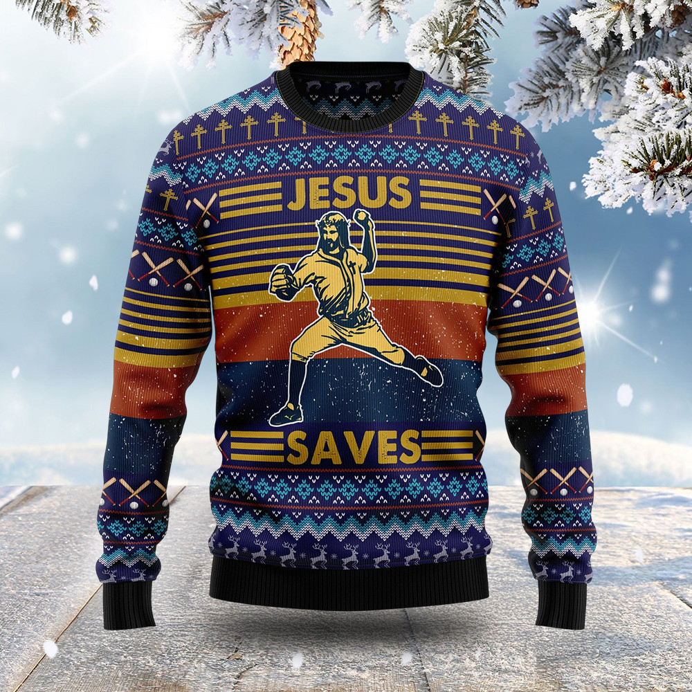 Baseball Jesus Save Ugly Christmas Sweater Christmas Clothing Baseball Lovers Gifts