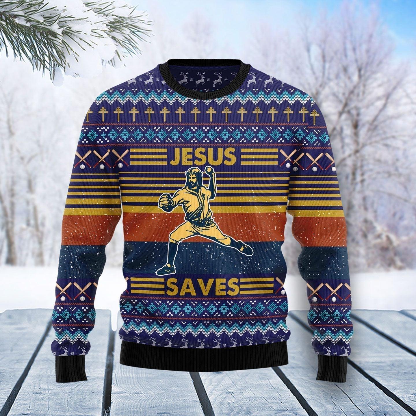 Baseball Jesus Save Ugly Christmas Sweater Funny Clothes Baseball Fan Christmas Gifts
