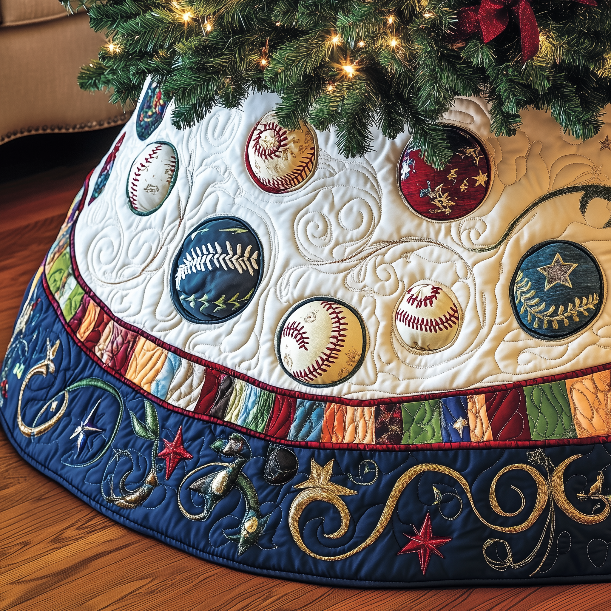 Baseball Lover Xmas Tree Base Cover Quilted Holiday Decoration Perfect Gift for Sports Enthusiasts