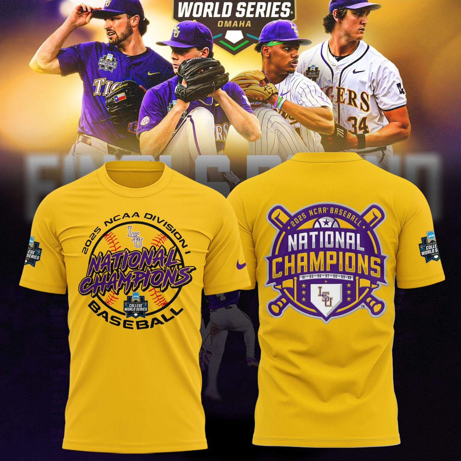 Baseball Men's LSU Tigers 2025 NCAA College World Series Champions T-Shirt Gifts For Baseball Lovers