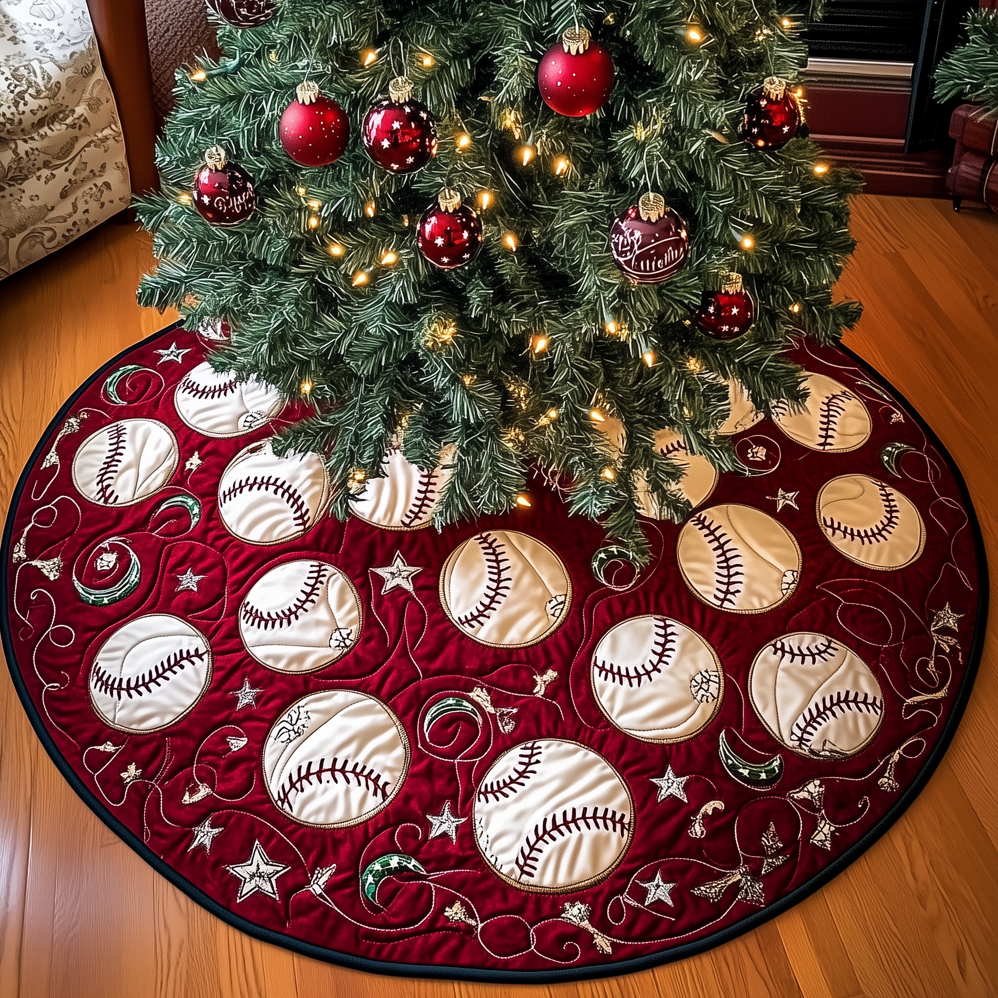 Baseball Ornament Quilted Tree Skirt Brings Holiday Spirit To Every Home