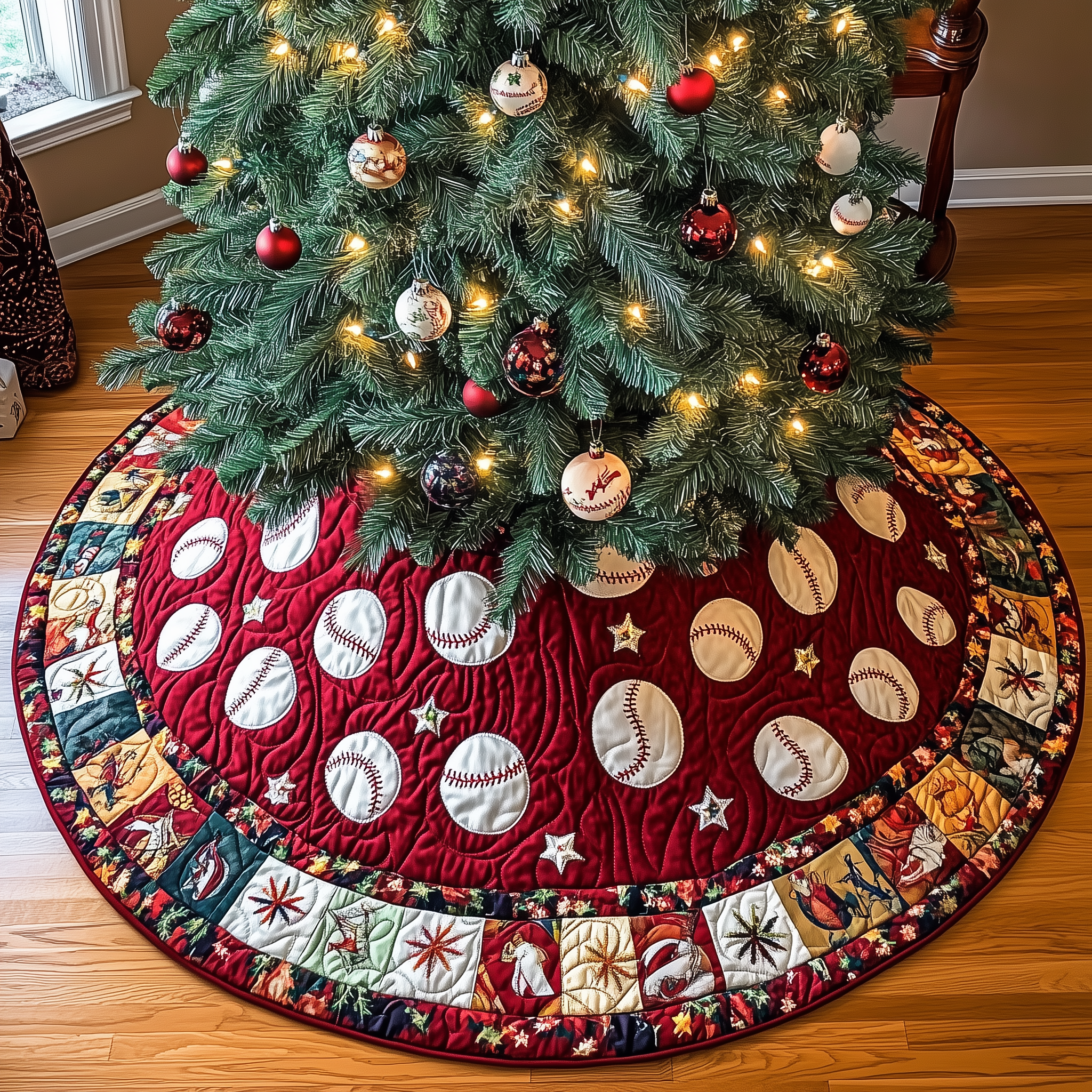 Baseball Ornament Xmas Tree Base Cover Unique Quilted Design Holiday Decor Gift for Fans