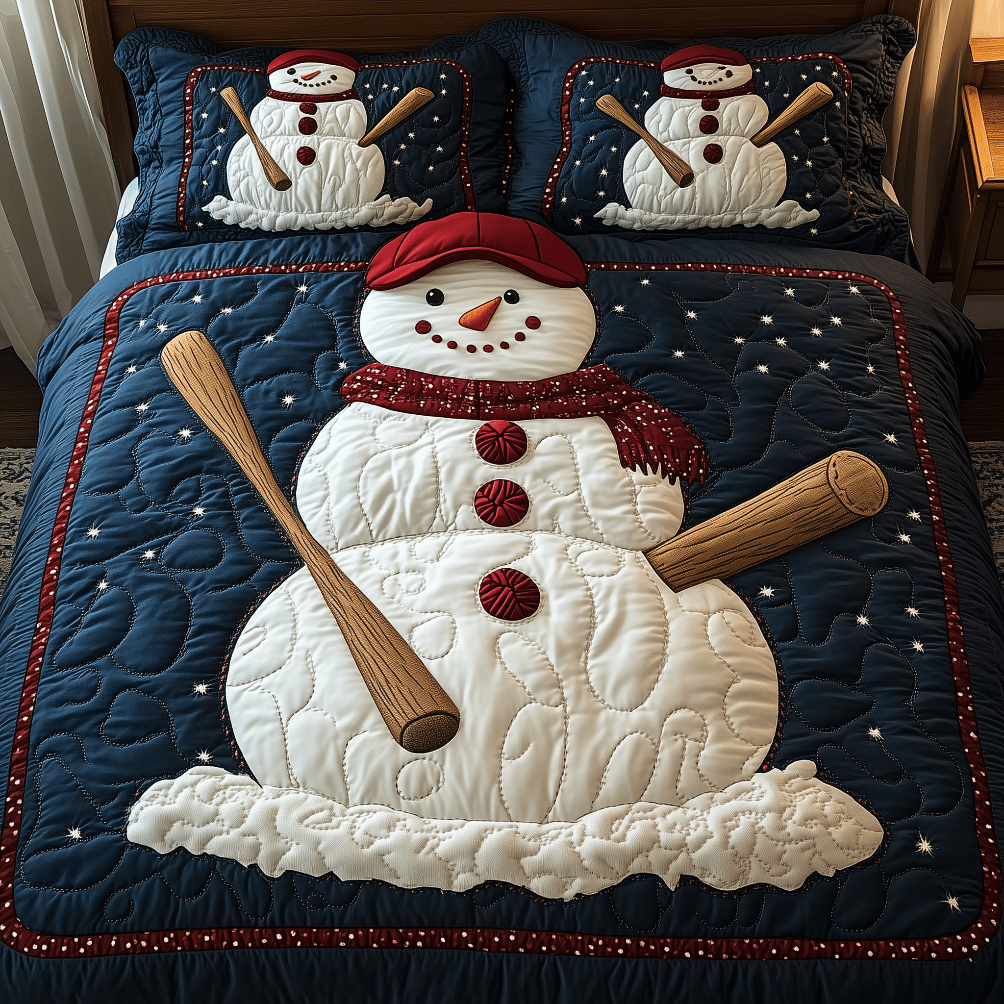 Baseball Snowman Quilted Bedding Set Christmas Bedding Set Christmas Gifts For Couples