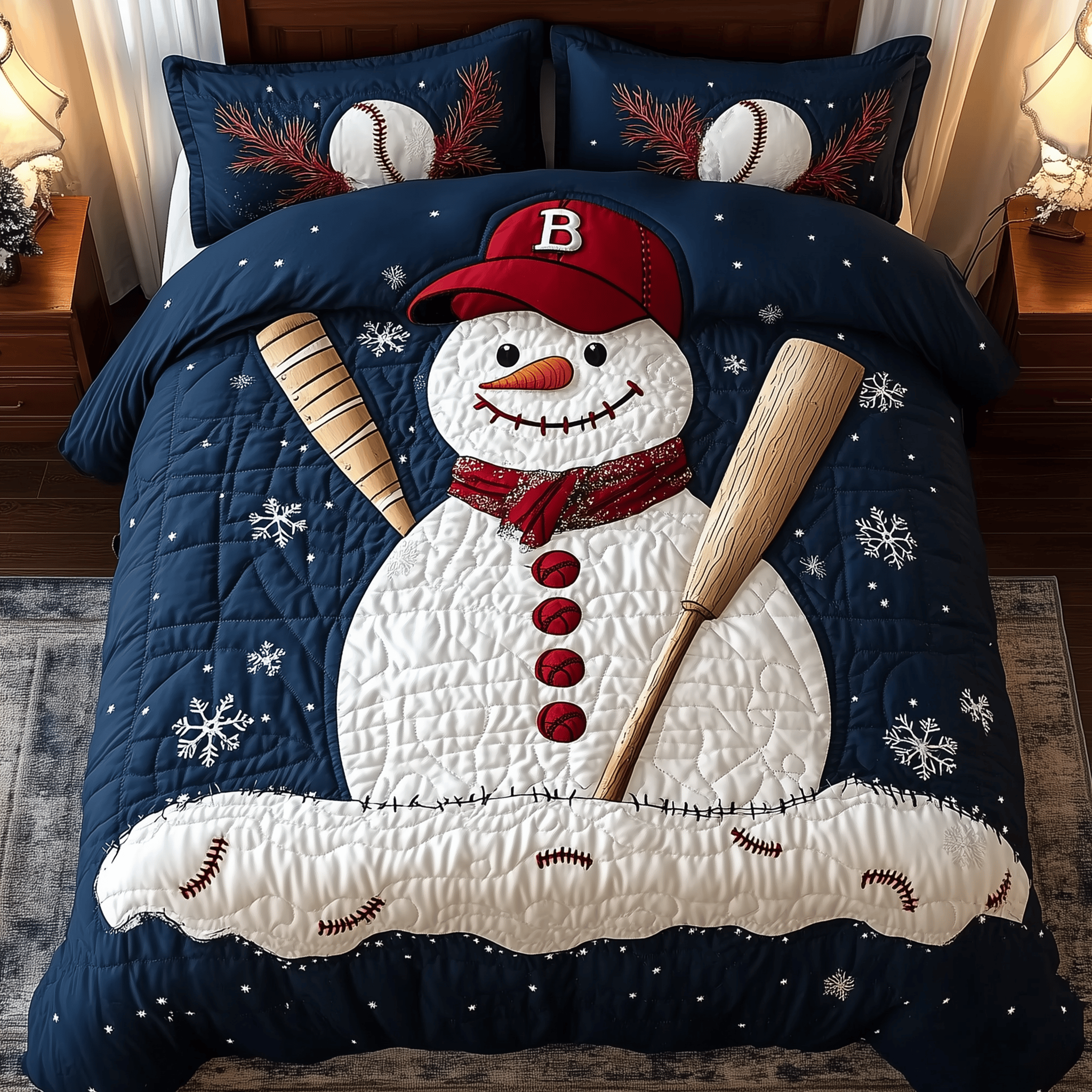 Baseball Snowman Quilted Bedding Set Christmas Bedding Set Gift Experiences For Couples