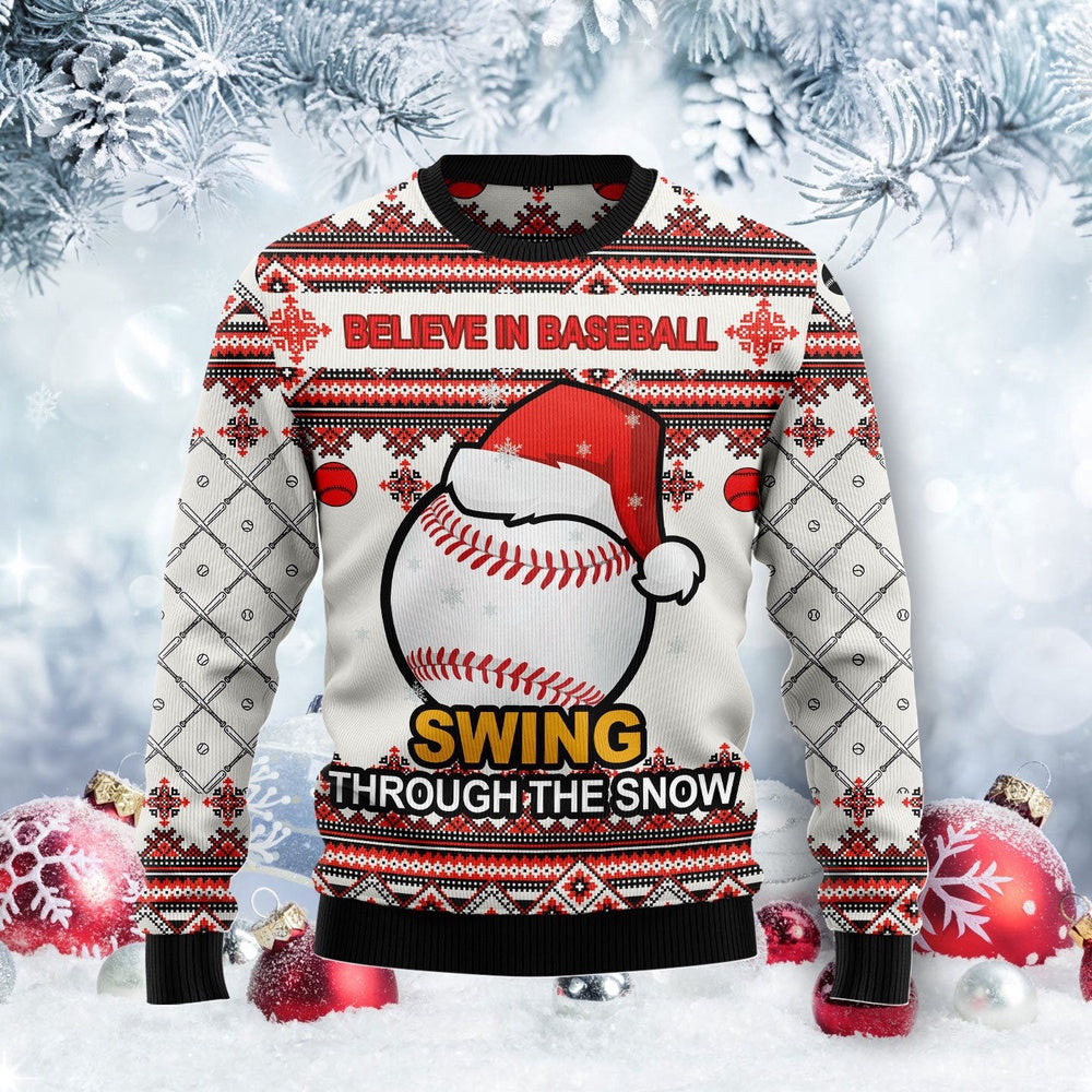 Baseball Swing Through Snow Ugly Christmas Sweater Christmas Gift