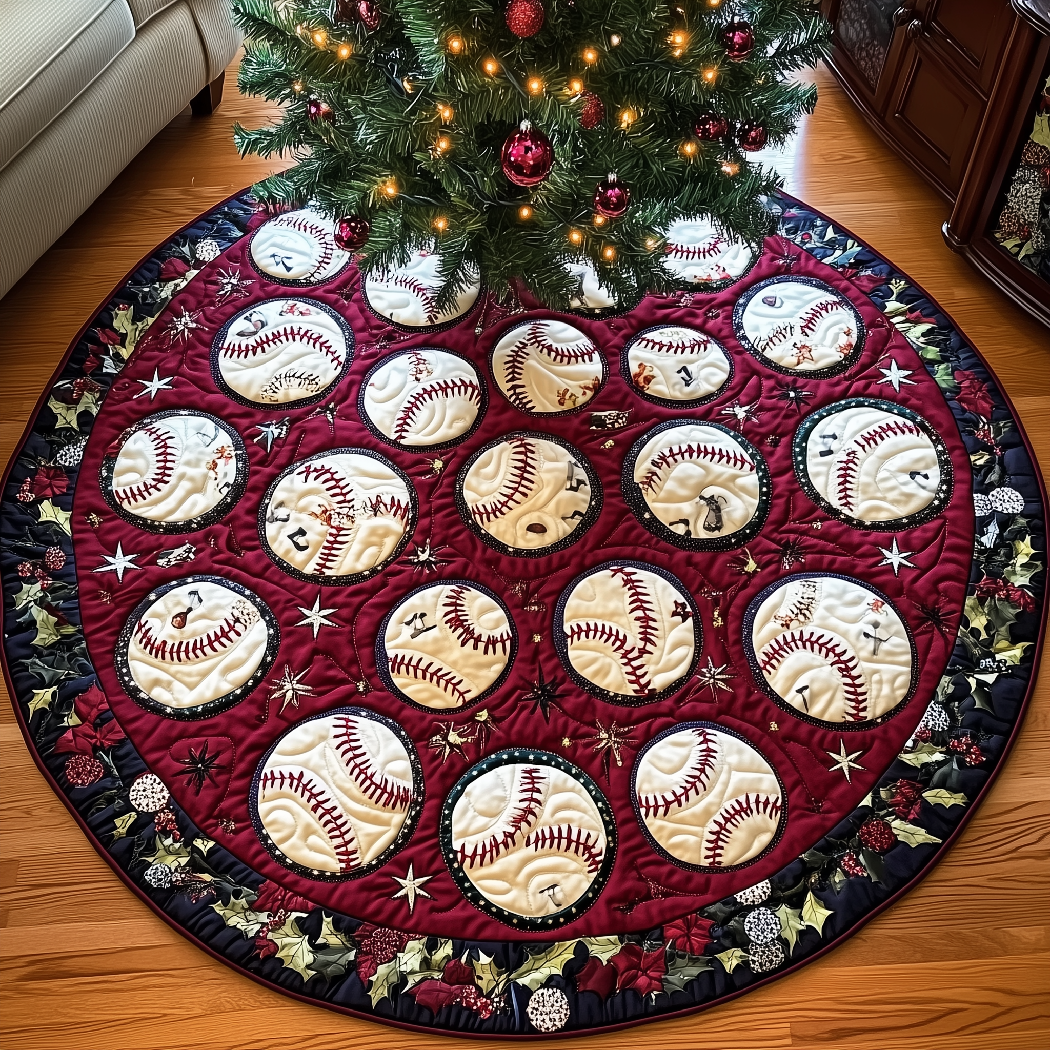 Baseball Theme Xmas Tree Base Cover Quilted Holiday Decor Perfect Gift for Him
