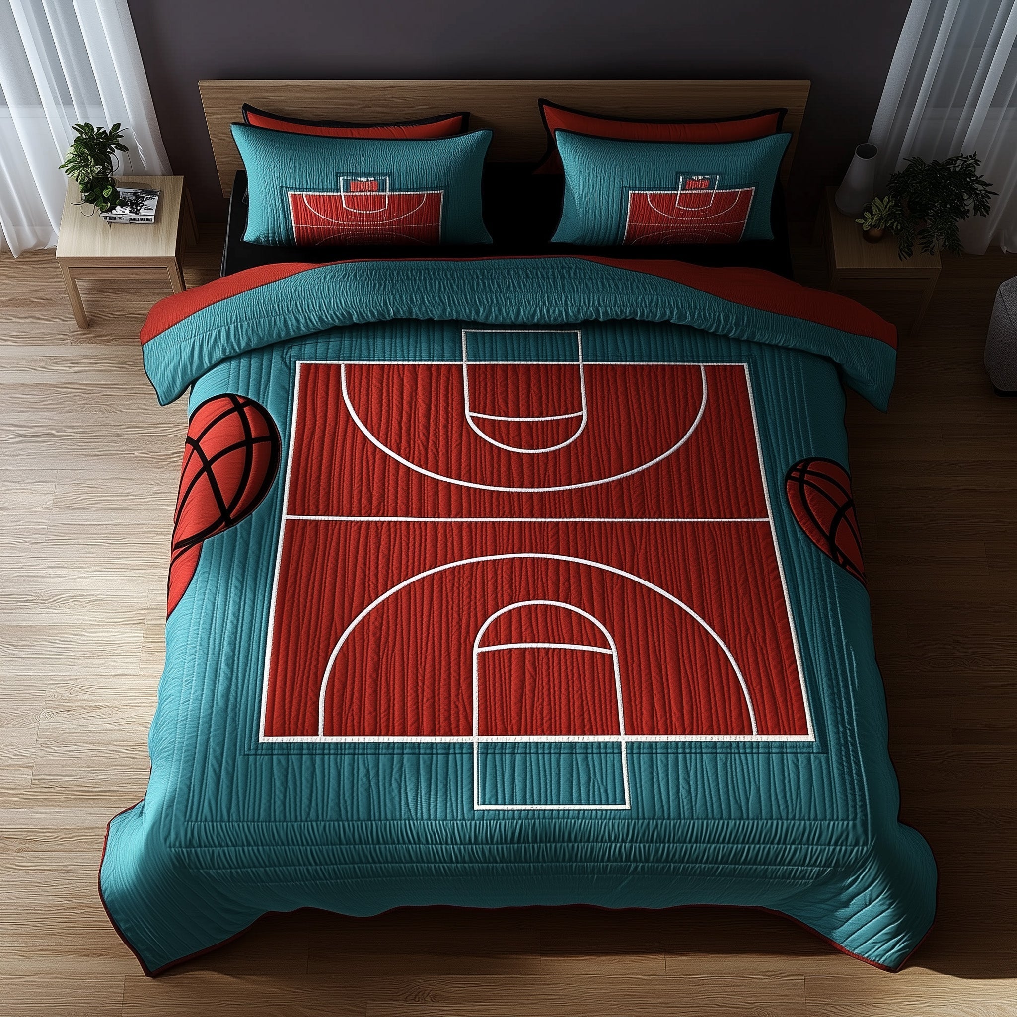 Basketball Court Quilted Bedding Set Duvet Cover Merchandise Presents For A Basketball Player