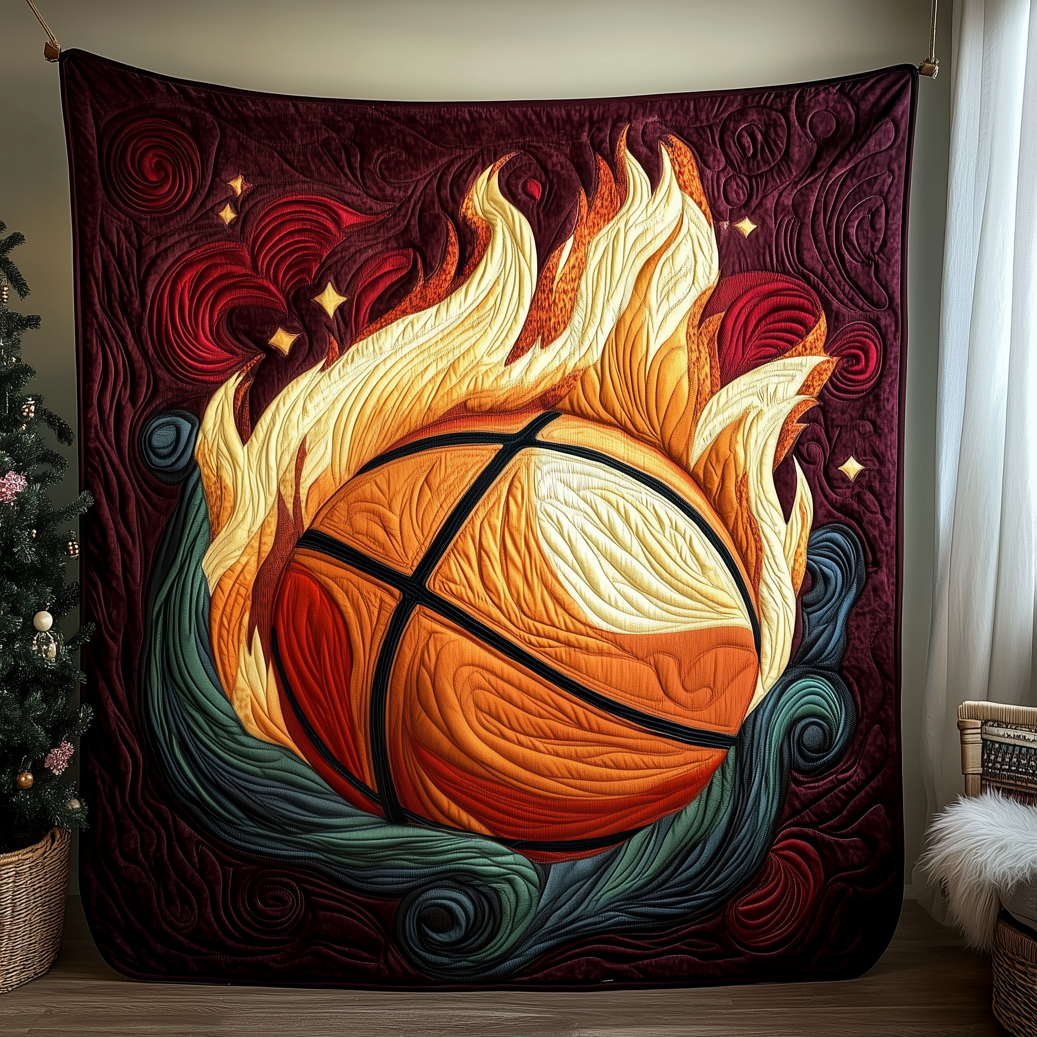 Basketball Sport Theme Player Quilted Blanket Fire Ball Gifts For Basketball Players