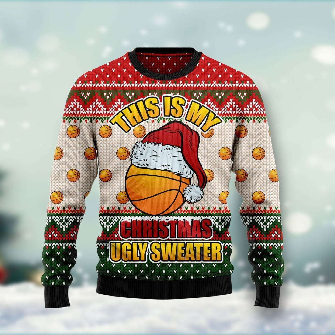 Basketball Wearing Santa Hat This Is My Christmas Ugly Sweater Cool Gifts For Basketball Players