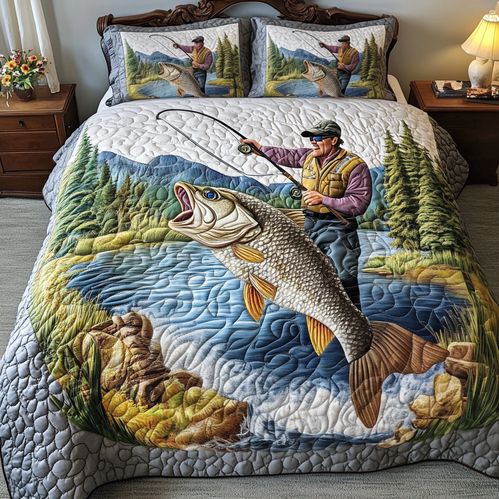 Bass Bound Quilted Bedding Set Cozy Bedroom Decor Fishing Gifts For Him