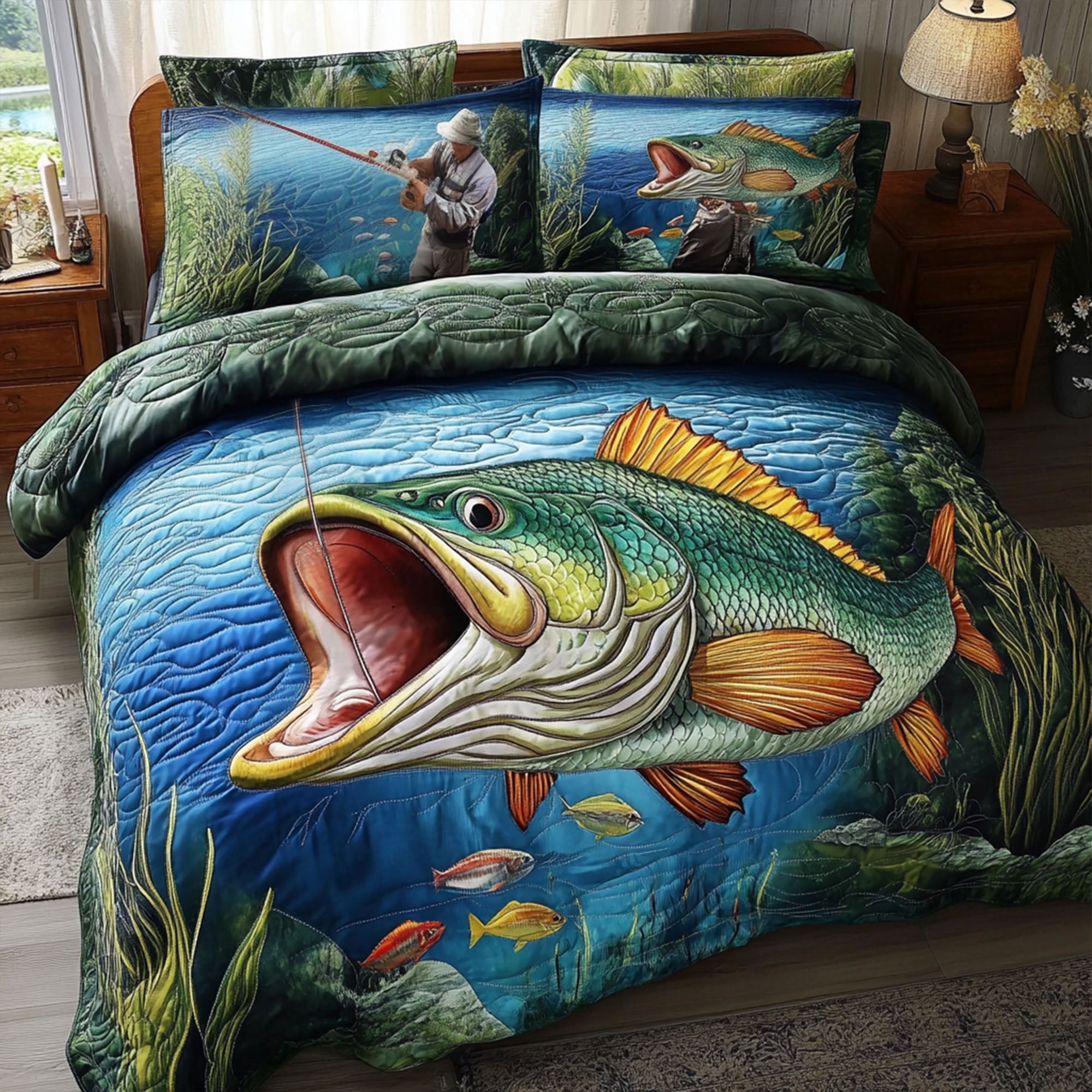 Bass Catch Quilted Bedding Set Cute Room Decor Best Gifts For Fisherman 2025
