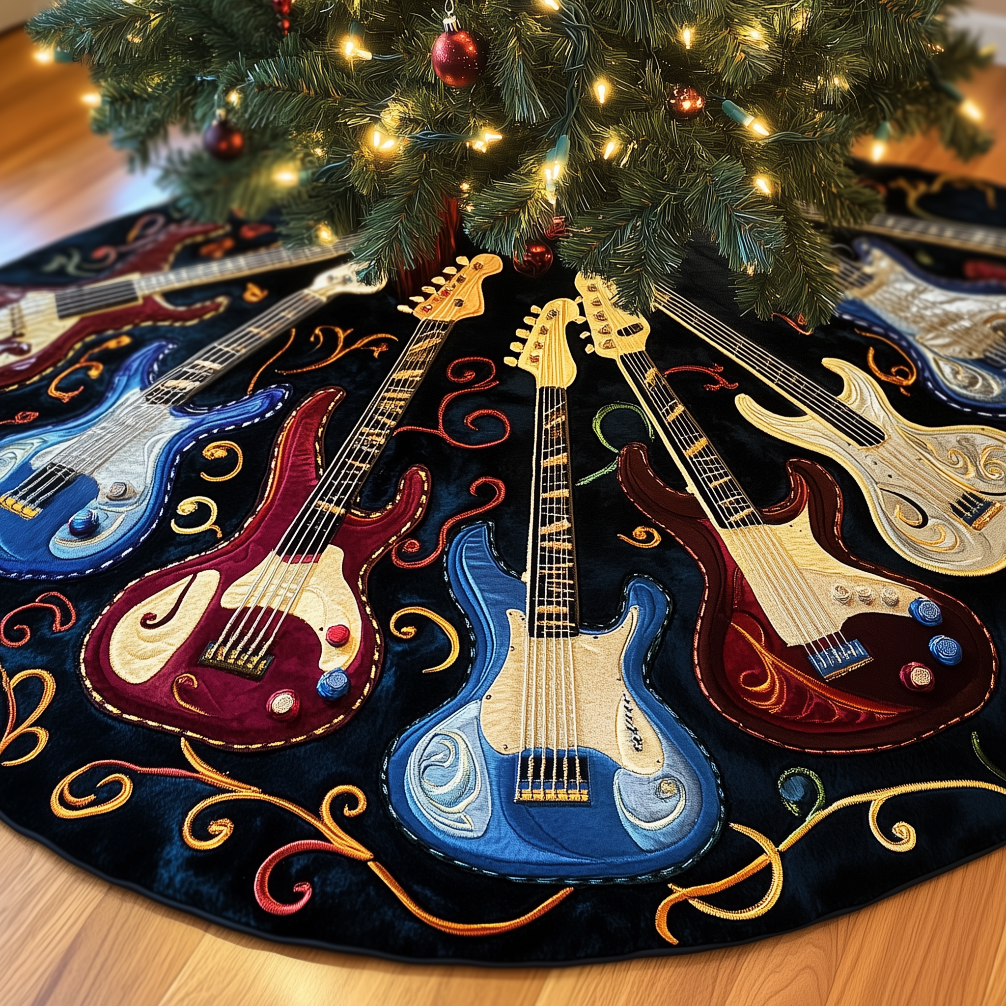 Bass Guitars Quilted Tree Skirt Christmas Tree Skirt Unqiue Gifts For Guitar Lovers