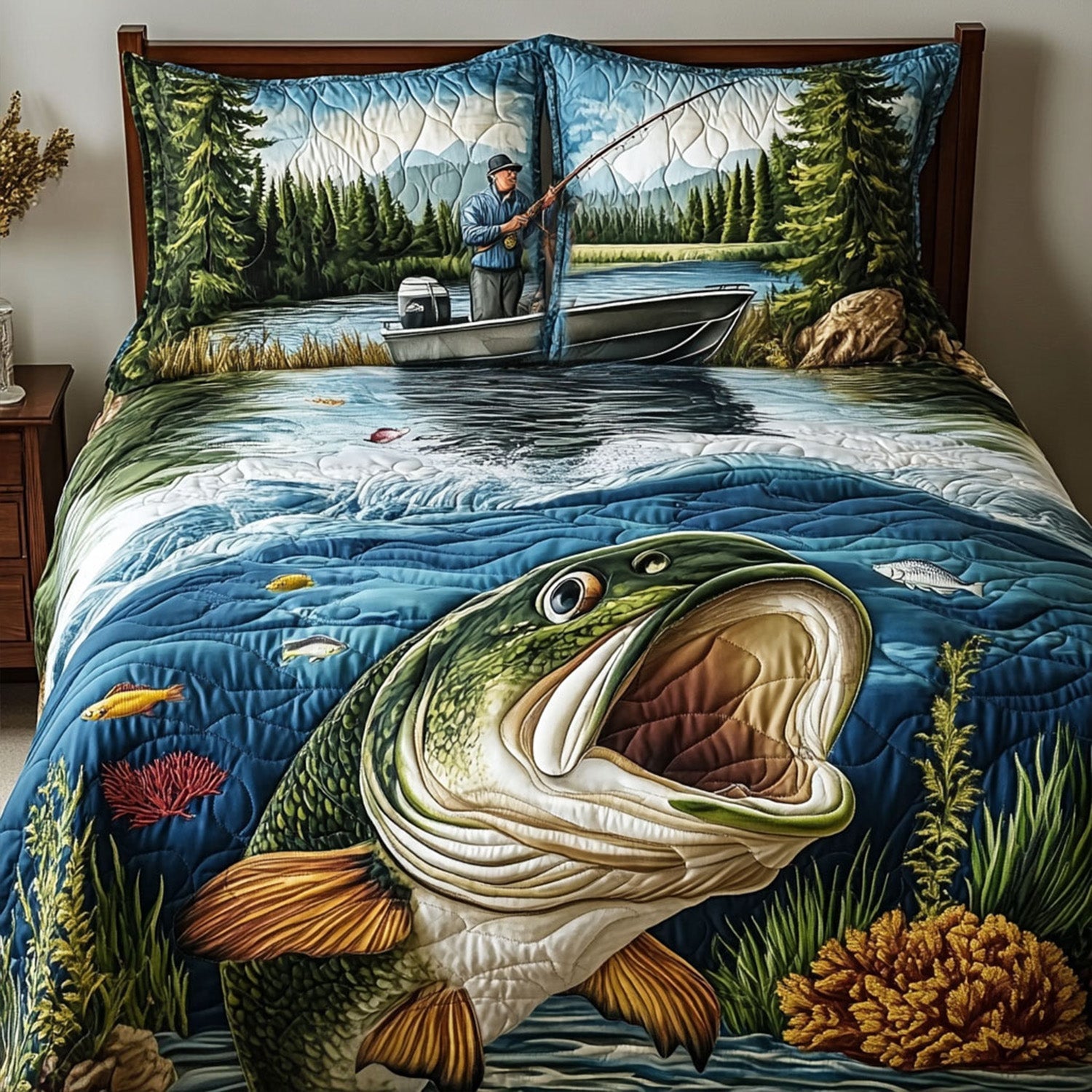 Bass Haven Quilted Bedding Set Holiday Duvet Cover Set Fishing Gifts For Boyfriend
