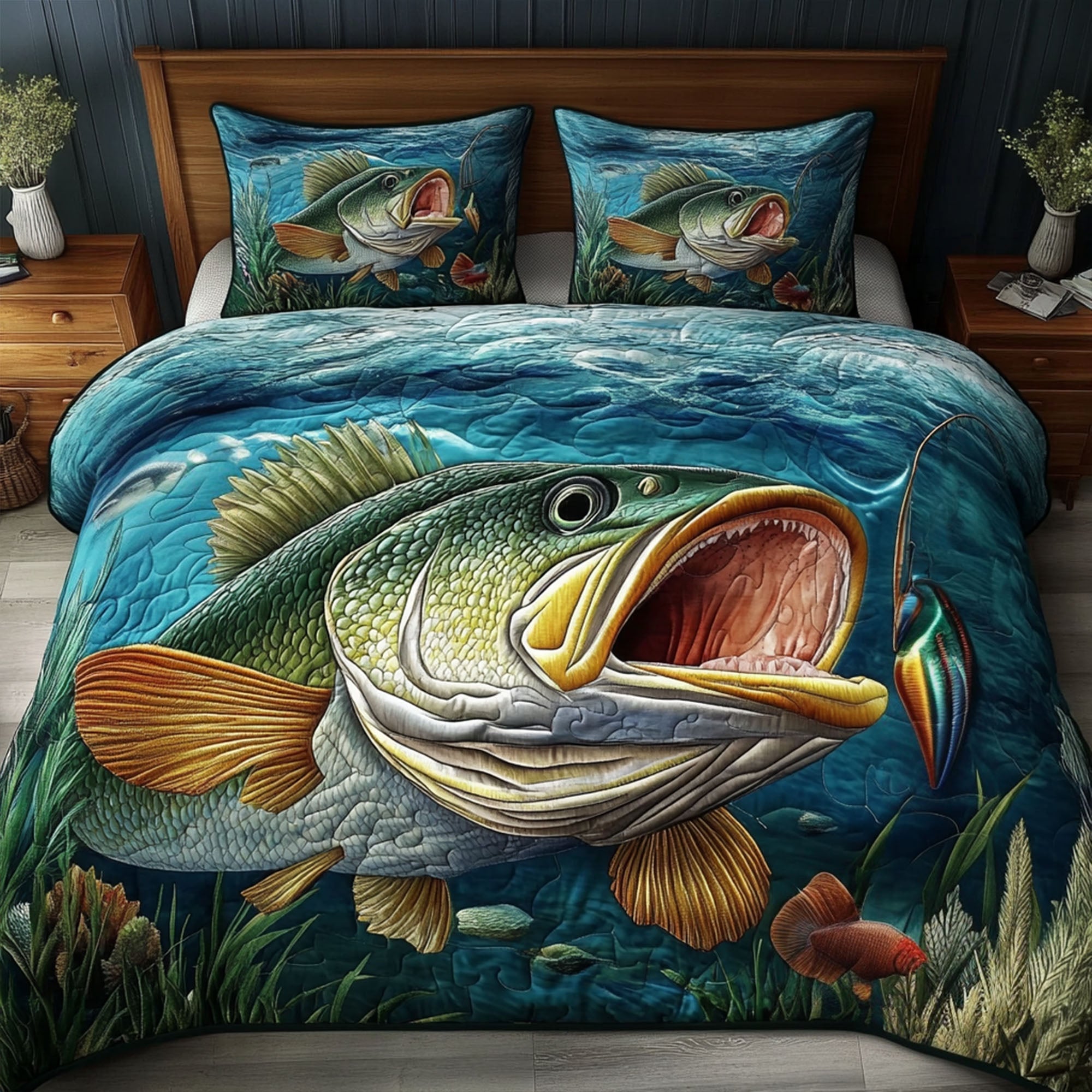 Bass Master Quilted Bedding Set Best Bed Sheet Set Fishing Gifts For Boyfriend