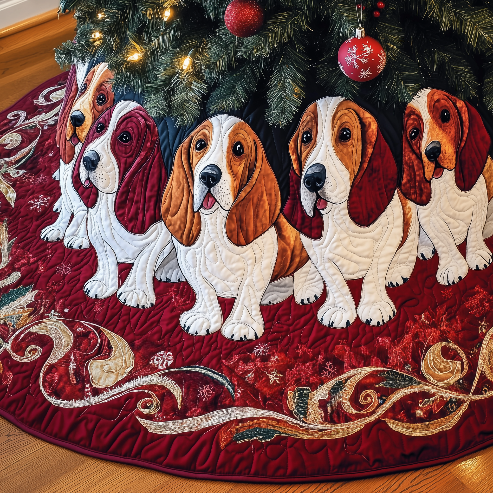 Basset Hound Christmas Tree Skirt Quilted Dog Lover Holiday Decor Gift for Pet Owners