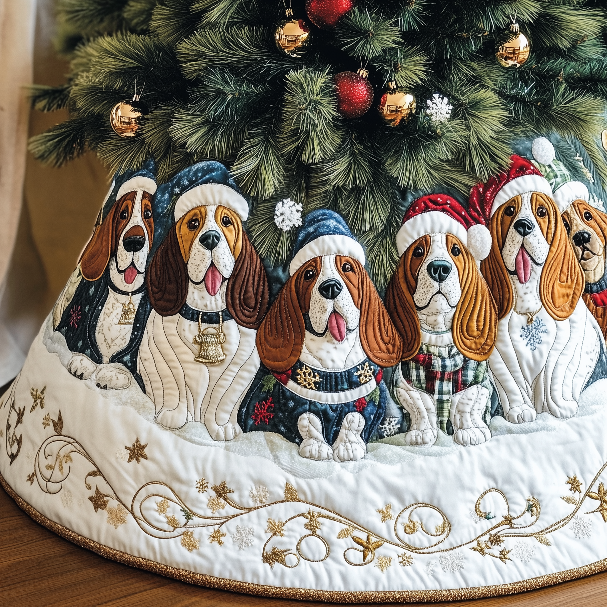 Basset Hound Dog Tree Skirt Quilted Holiday Decoration and Gift for Pet-Friendly Homes