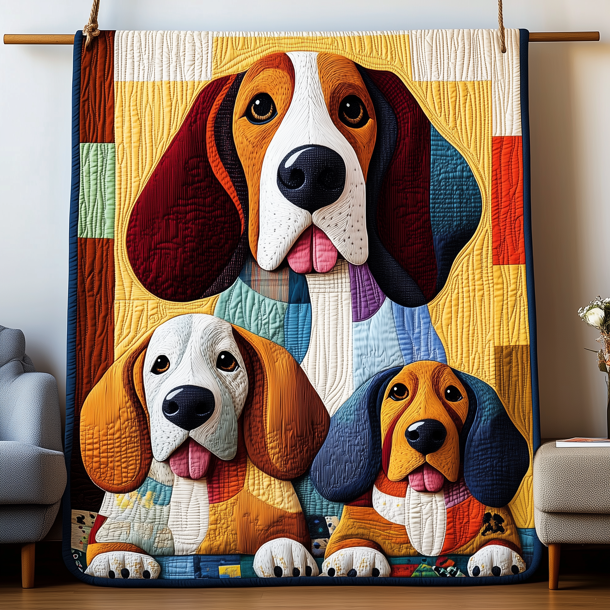 Basset Hound Dog White Quilted Blanket Colorful Puppy Gifts For Basset Hound Lovers