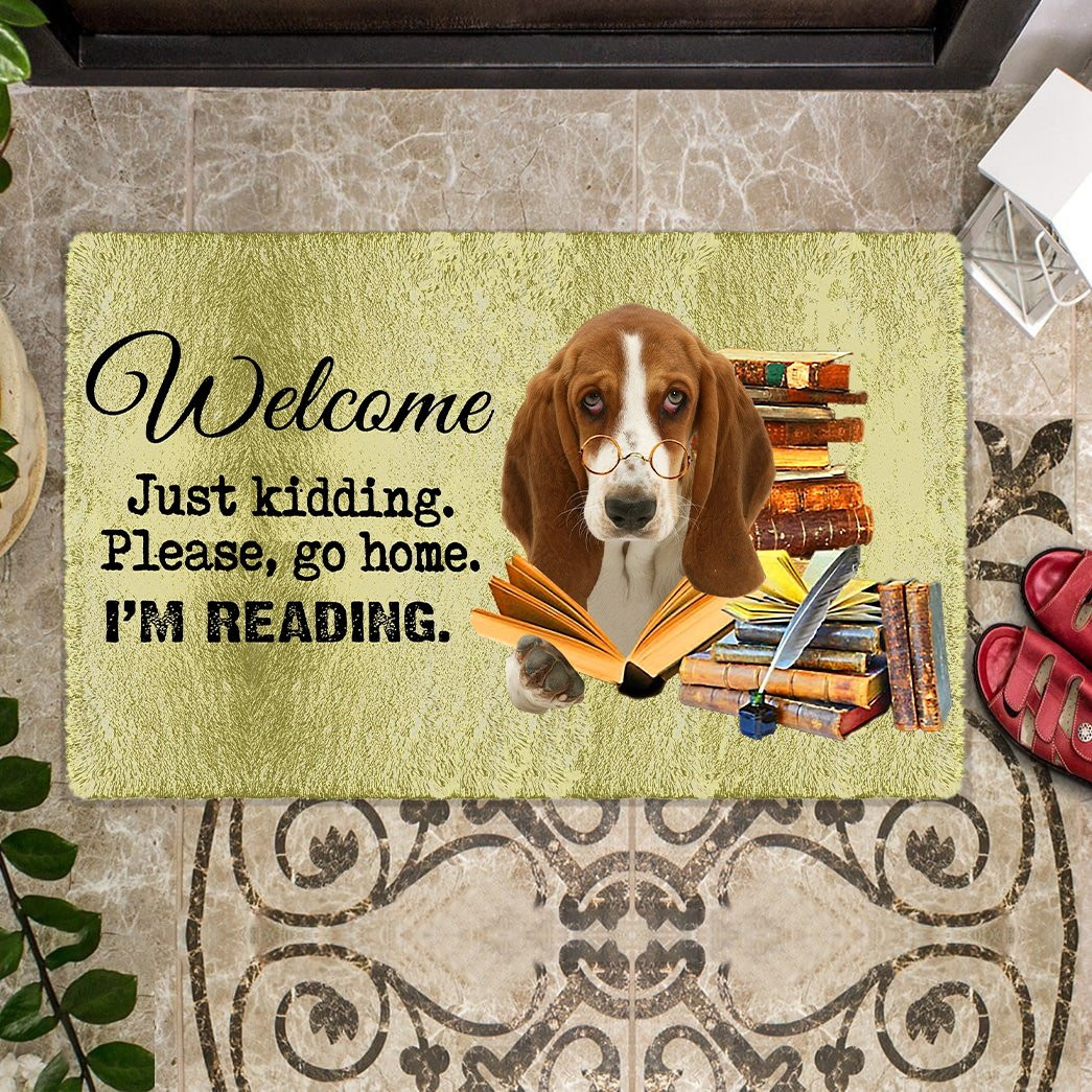 Basset Hound Please Go Home I'M Reading Doormat Pet Door Mat Funny Presents For Dogs