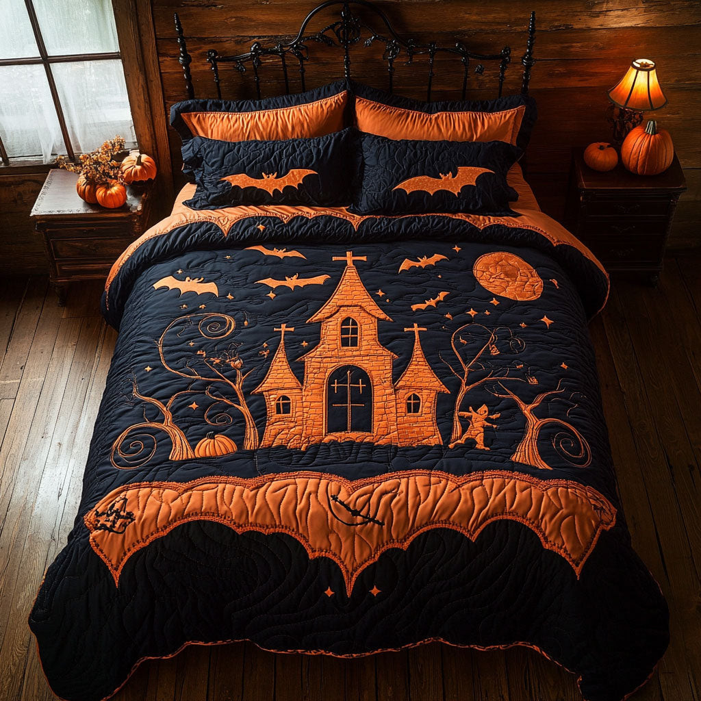 Bat And Haunted House Duvet Bedding Set Best Halloween Gift For Friends and Family