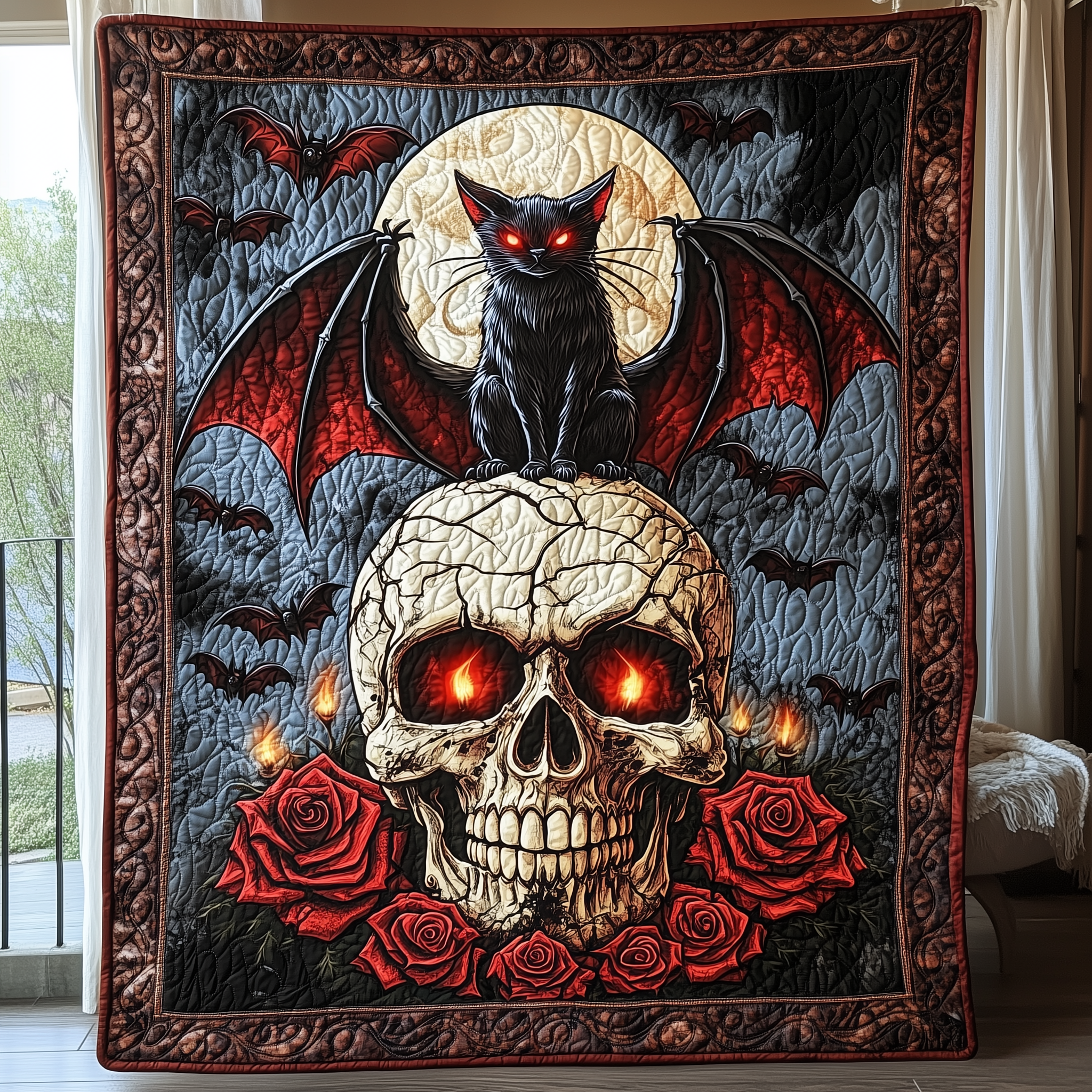 Bat Cat And Bones Halloween Gothic Quilted Blanket Gothic Kitten Halloween Cool Gifts For Cat Owners