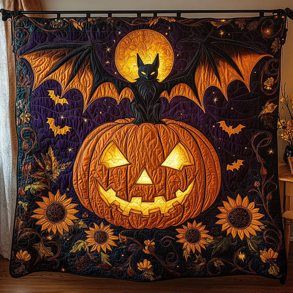 Bat On Pumpkin Sunflower Quilt Best Halloween Gift For Friends and Family