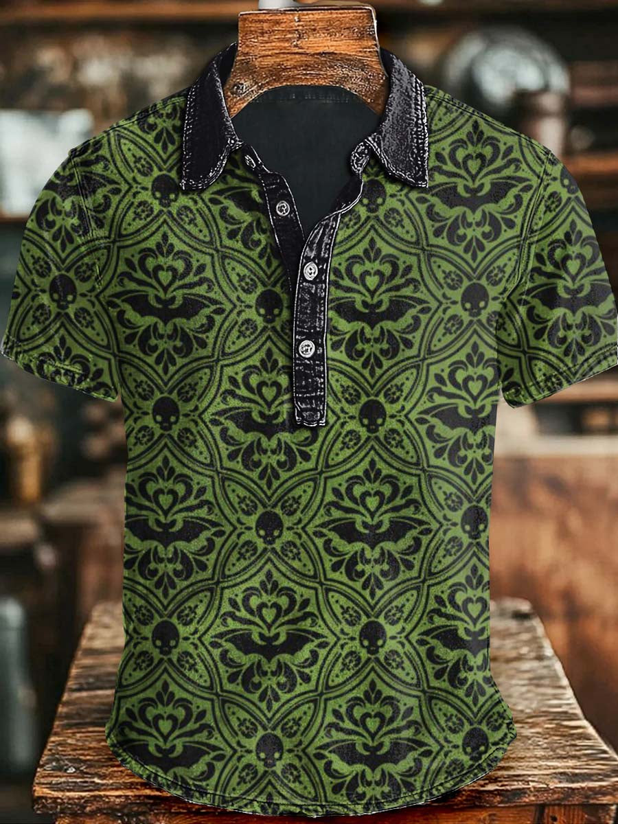 Bat Skull Print Casual Short Sleeve Polo Shirt Apparel Halloween Day Gift Ideas For Friends