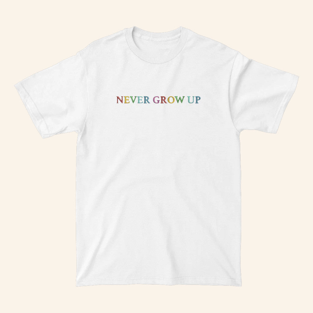 Baylen Levine Merch Never Grow Up Embroidered White T-Shirt Gifts For Besties