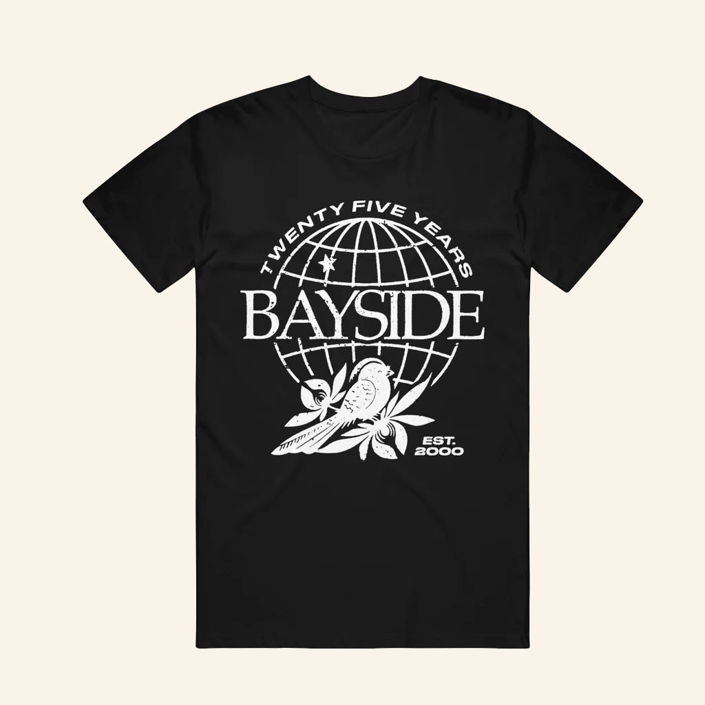 Bayside Merch Globe Twenty Five Years Black T-Shirt Gift Ideas For Music Lovers Bayside Merch Globe Twenty Five Years Black T-Shirt Gift Ideas For Music Lovers