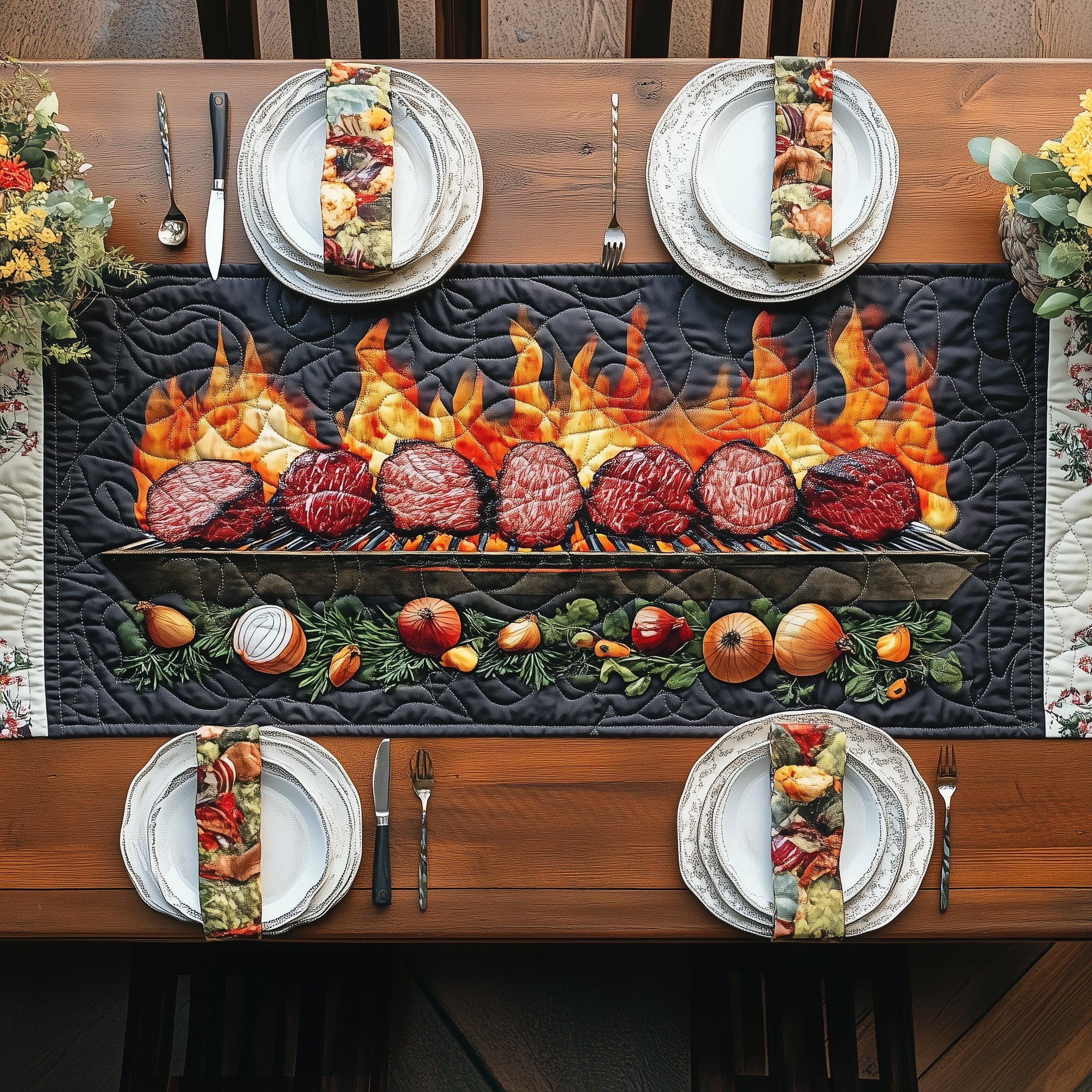 Bbq Grill Party Quilted Table Runner Festive Christmas Dining Room Table Runner