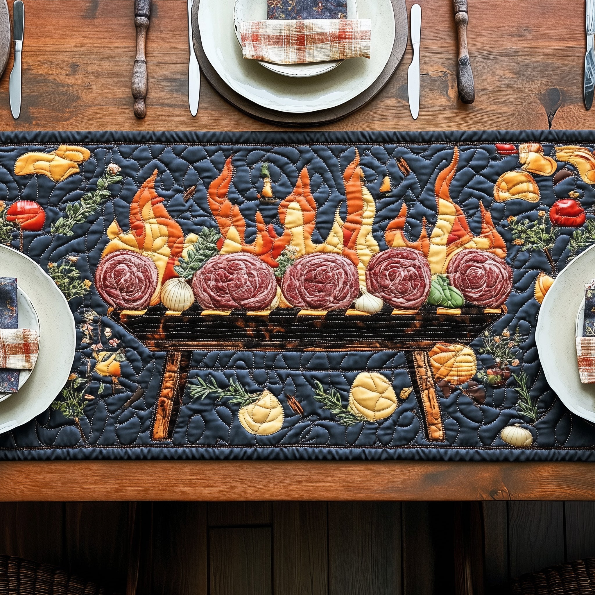 Bbq Grill Party Quilted Table Runner Seasonal Table Runner for Holidays