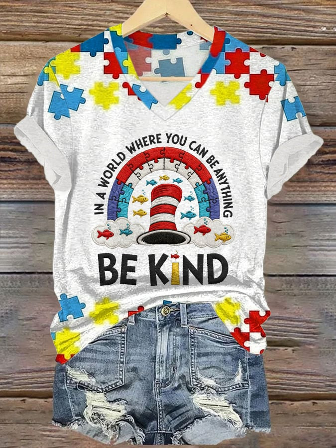 Be Kind V-Neck Shirt In A World Where You Can Be Anything Clothing Gift For Autism Awareness