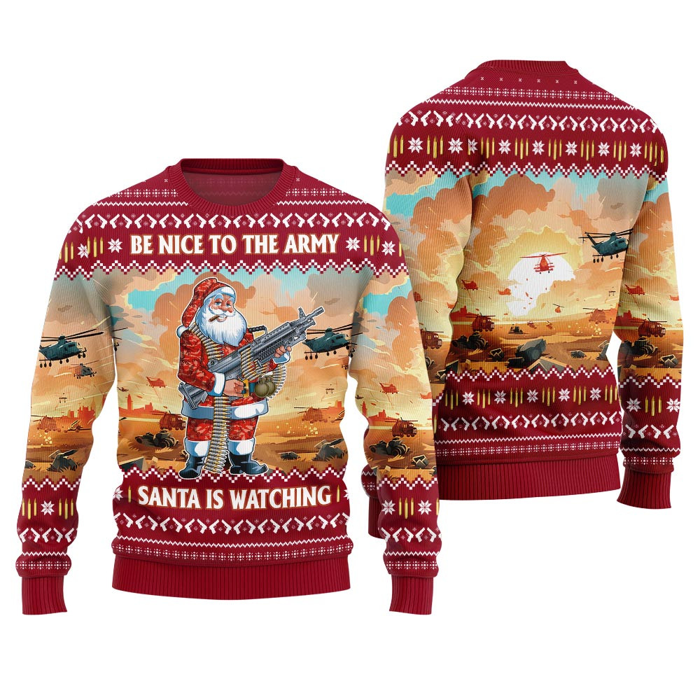 Be Nice To Army Funny Ugly Xmas Sweater Red Seasonal Gift Merch for Cozy Christmas Vibes