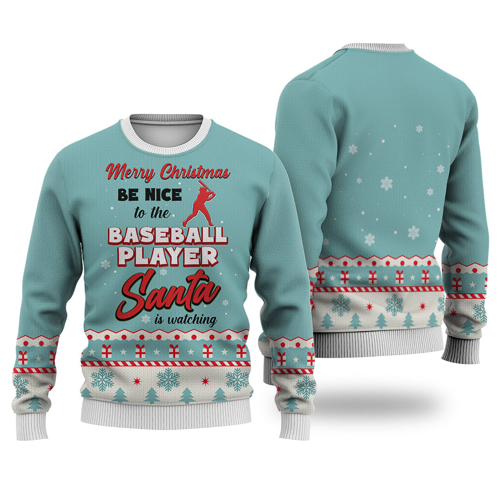Be Nice To The Baseball Player Santa Ugly Christmas Sweater Funny Clothes Best Basketball Gifts