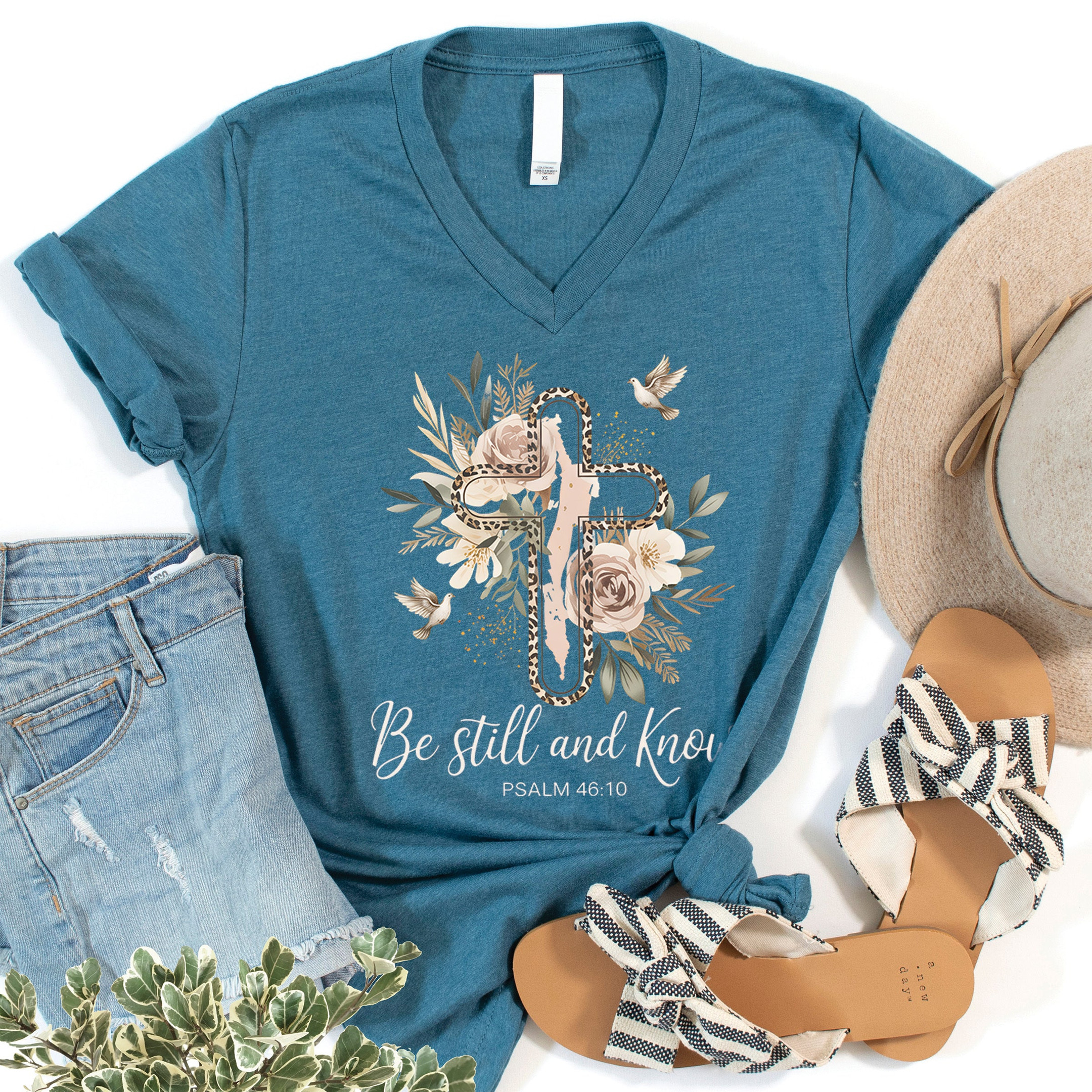 Be Still And Know V-Neck T-Shirt Christian Faith Bible Verse Best Gift For Believers