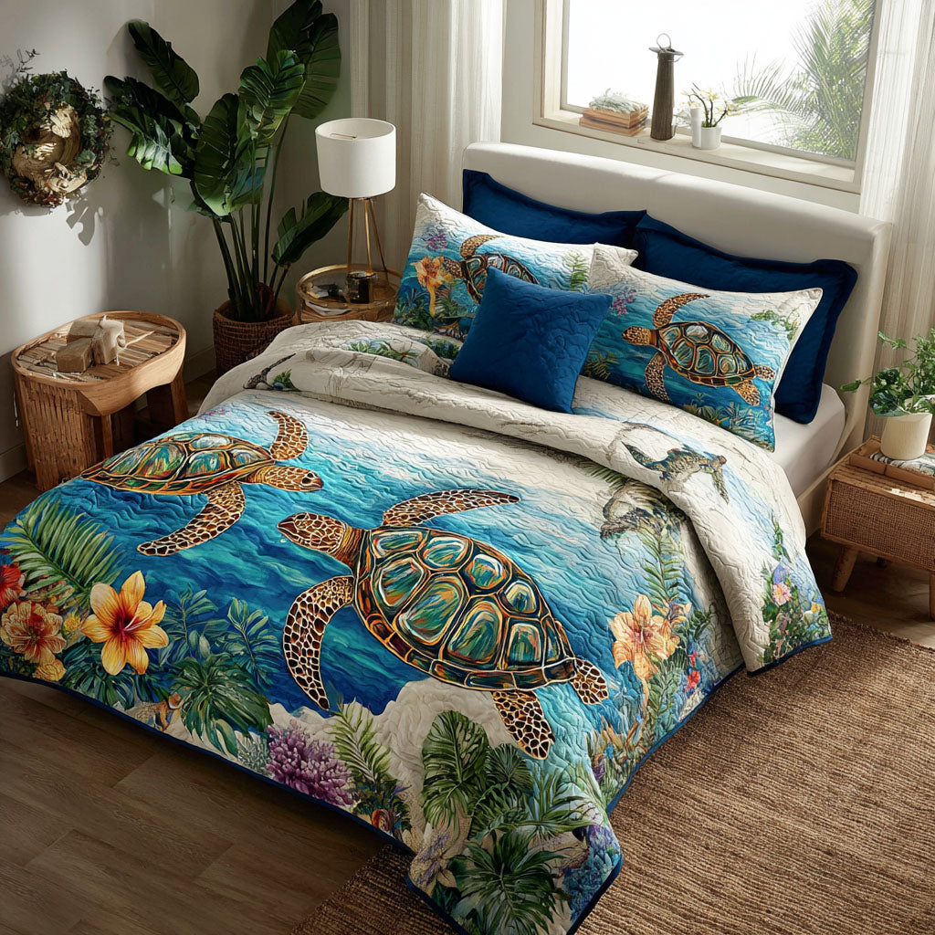 Beach Bloom Quilted Bedding Set Xmas Holiday Duvet Cover Set Christmas Gifts For People Who Loves Sea Turtle