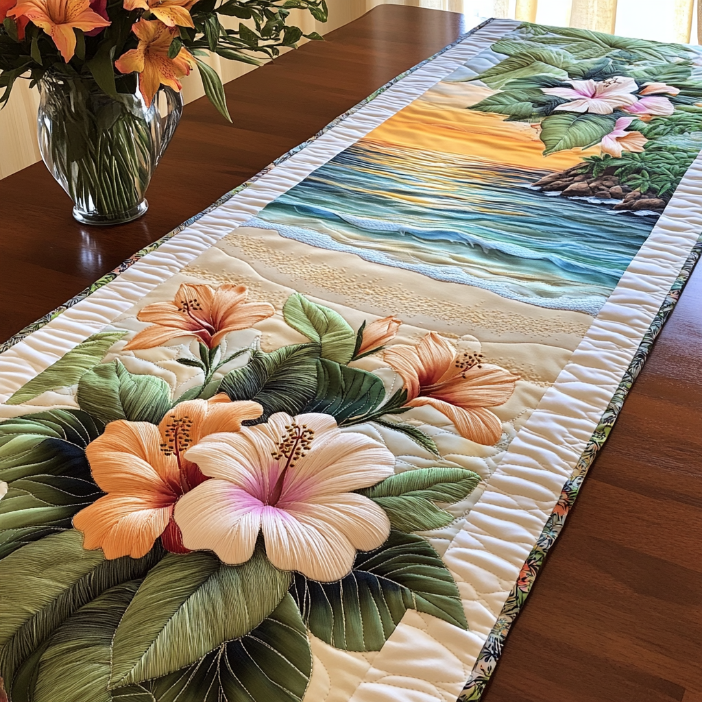 Beach Bloom Quilted Table Runner Flower Table Runner Best Family Gifts